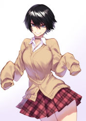 Rule 34 | 1girl, black eyes, black hair, breasts, choker, commentary, cowboy shot, grin, hair between eyes, highres, large breasts, looking at viewer, original, plaid, plaid skirt, re (re 09), school uniform, shirt, short hair, skirt, sleeves past wrists, smile, solo, tan sweater, thighs, tomboy, white shirt