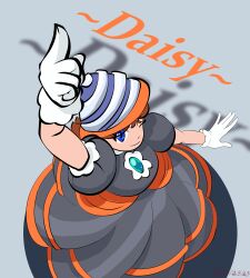 Rule 34 | 1girl, absurdres, black dress, blue eyes, breasts, brooch, brown hair, character name, dress, drill, drill daisy, from above, gloves, grin, hand up, highres, jewelry, looking at viewer, looking up, mario (series), nintendo, null-z, one eye closed, pointing, power-up, princess daisy, puffy short sleeves, puffy sleeves, short sleeves, smile, standing, super mario bros. wonder, tomboy, wink