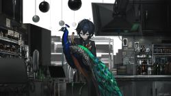 Rule 34 | 1girl, ahoge, androgynous, aqua necktie, bird, black hair, black shirt, blue eyes, blurry, blurry foreground, collared shirt, commentary request, computer, highres, laptop, mechanical parts, monitor, narue, necktie, non-humanoid robot, original, peacock, robot, robot animal, serious, shelf, shirt, short hair, signature, solo, standing, wire