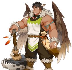 Rule 34 | 1boy, animal skull, another eidos-r, baggy pants, bara, black hair, brown wings, dark-skinned male, dark skin, facial mark, feather hair ornament, feather necklace, feathered wings, feathers, feet out of frame, fur collar, hair ornament, kuro nezumi inu, large pectorals, long sideburns, looking at viewer, male focus, muscular, muscular male, native american, official art, pants, pectorals, pelvic curtain, planted, short hair, siddeley (another eidos), sideburns, sleeveless, solo, thick eyebrows, transparent background, wings