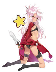 Rule 34 | 1girl, ass, bikini, black bikini, black socks, blush, breasts, brown eyes, chloe von einzbern, commentary request, dagger, dark-skinned female, dark skin, fate/kaleid liner prisma illya, fate (series), hair between eyes, hair bun, holding, holding dagger, holding knife, holding weapon, jacket, kneehighs, kneeling, knife, long hair, looking at viewer, looking to the side, magical girl, no shoes, open clothes, open jacket, parted lips, red jacket, silver hair, single hair bun, small breasts, socks, solo, star (symbol), swimsuit, weapon, white background, youta