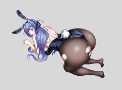 Rule 34 | 1girl, absurdres, animal ears, ass, azur lane, bareback, black leotard, black pantyhose, blue eyes, blue hair, bodystocking, breasts, fake animal ears, fake tail, from above, full body, highres, huge breasts, leotard, long hair, looking at viewer, new jersey (azur lane), new jersey (exhilarating steps!) (azur lane), official alternate costume, pantyhose, playboy bunny, rabbit ears, rabbit tail, skindentation, solo, strapless, strapless leotard, tail, torn bodystocking, torn clothes, torn pantyhose, xiao gen