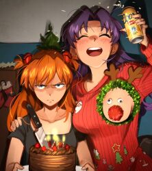 Rule 34 | 2girls, ^ ^, absurdres, angry, ankle monitor, black shirt, blue eyes, blush, breasts, cake, can, candle, chocolate cake, christmas, closed eyes, commentary, english commentary, facing viewer, food, googly eyes, highres, holding, holding can, interface headset, katsuragi misato, khyle., knife, long hair, looking at viewer, medium breasts, multiple girls, neon genesis evangelion, no bra, one breast out, open mouth, orange hair, purple hair, red sweater, revision, shirt, small breasts, smile, souryuu asuka langley, strawberry cake, sweater