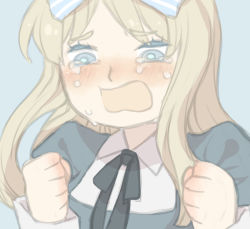 Rule 34 | 00s, 1girl, axis powers hetalia, belarus (hetalia), blonde hair, blue eyes, blush, bow, clenched hand, female focus, long hair, open mouth, simple background, solo, tears