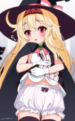 Rule 34 | 1girl, absurdres, black cloak, black dress, black headwear, black thighhighs, blonde hair, bloomers, blush, bra, cat, cloak, clothes lift, clothes pull, dress, dress lift, dress pull, gloves, hairband, hat, hat ribbon, highres, lifting own clothes, little witch nobeta, long hair, navel, nobeta, open mouth, pulling own clothes, red eyes, ribbon, striped clothes, striped dress, thighhighs, training bra, underwear, vertical-striped clothes, vertical-striped dress, white bra, white gloves, witch hat, yamaguchi yuu
