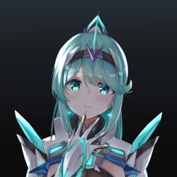 Rule 34 | 1girl, aqua eyes, aqua hair, black background, breasts, chest jewel, earrings, gloves, gradient background, head tilt, highres, jewelry, long hair, looking at viewer, medium breasts, pneuma (xenoblade), ponytail, sarasadou dan, solo, spoilers, swept bangs, tiara, upper body, xenoblade chronicles (series), xenoblade chronicles 2