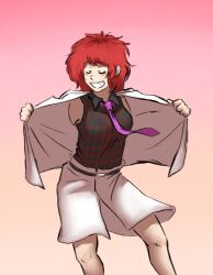 Rule 34 | black shirt, bread master, closed eyes, collared shirt, commentary, garfield, gradient background, highres, horikawa raiko, jon arbuckle, necktie, open clothes, open vest, pink background, plaid, plaid shirt, purple necktie, red hair, shirt, short hair, skirt, touhou, vest, white skirt, white vest