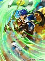 Rule 34 | 1boy, armor, axe, blue eyes, blue hair, cape, company name, fire emblem, fire emblem: path of radiance, fire emblem cipher, fire emblem heroes, gloves, headband, holding, holding axe, ike (fire emblem), incoming attack, kita senri, looking at viewer, male focus, matching hair/eyes, nintendo, official alternate costume, official art, solo