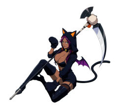 Rule 34 | 1girl, absurdres, animal costume, animal ears, bell, bleach, bleach: brave souls, boots, breasts, cat costume, cat ears, cat tail, clenched hands, dark skin, demon wings, dress, fighting stance, full body, high ponytail, highres, jingle bell, kubo tite, large breasts, leotard, looking at viewer, official art, purple dress, purple hair, shihouin yoruichi, sideboob, simple background, smile, tail, weapon, wide hips, wings, yellow eyes