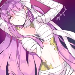 Rule 34 | 10s, 1girl, bandage over one eye, bandaged arm, bandaged head, bandaged neck, bandages, byulrorqual, fate/extra, fate/extra ccc, fate/extra ccc fox tail, fate (series), frown, gradient background, kingprotea (fate), long hair, midriff, navel, purple eyes, purple hair, solo, twitter username
