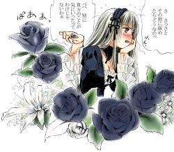 Rule 34 | 00s, 1girl, averting eyes, black flower, black rose, blush, breasts, cleavage, embarrassed, flower, frown, gothic lolita, holding, holding jewelry, holding ring, jewelry, lolita fashion, long hair, marriage proposal, ring, rose, rozen maiden, solo, suigintou, toshi hiroshi, translation request, tsundere, white background, white flower, white rose
