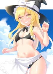 Rule 34 | 1girl, apron, bikini, black bikini, black bow, black bowtie, black hat, blonde hair, blush, border, bow, bowtie, braid, breasts, cleavage, cloud, commentary request, cowboy shot, day, detached collar, gluteal fold, grin, hair bow, hair ribbon, hand up, hat, hat bow, kirisame marisa, letterboxed, long hair, looking at viewer, medium breasts, navel, outdoors, ribbon, side braid, single braid, sky, smile, solo, swimsuit, tokyo yamane, touhou, tress ribbon, very long hair, waist apron, white apron, white border, white bow, witch hat, yellow eyes