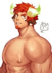 Rule 34 | 1boy, absurdres, animal ears, bara, brown eyes, brown hair, commentary request, cow boy, cow ears, cow horns, eye black, facial hair, fiery horns, forked eyebrows, glowing horns, goatee, highres, horns, korean commentary, korean text, large pectorals, looking at viewer, male focus, muscular, muscular male, nipples, open mouth, pectorals, short hair, smile, solo, spiked hair, thick eyebrows, tokyo houkago summoners, ttn (239 239), upper body, wakan tanka, white background