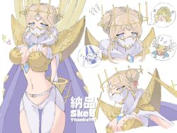 Rule 34 | 1girl, 754 ym71d, armor, blonde hair, breastplate, breasts, chibi, cleavage, commentary request, commission, cowboy shot, dianamon, digimon, digimon (creature), double bun, hair bun, halo, heart, highres, junomon, large breasts, lightning bolt symbol, mask, minervamon, mouth mask, multiple views, musical note, nagoshi, navel, revealing clothes, shoulder pads, simple background, skeb commission, spoken character, thank you, venusmon, white background