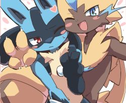 Rule 34 | 2boys, animal ears, animal hands, animal nose, arm around shoulder, arm up, black fur, blue eyes, blue fur, blush, blush stickers, body fur, cat boy, cat tail, cheek-to-cheek, claws, closed mouth, creatures (company), fang, furry, furry male, game freak, gen 4 pokemon, gen 7 pokemon, half-closed eye, hand up, happy, heads together, heart, legendary pokemon, looking at another, looking at viewer, looking to the side, lucario, male focus, multicolored fur, multiple boys, mythical pokemon, navel, nintendo, one eye closed, open mouth, pokemon, pokemon (creature), red eyes, selfie, simple background, sketch, smile, spikes, sweat, syuya, tail, upper body, v, whiskers, white background, wink, wolf boy, wolf ears, yellow fur, zeraora