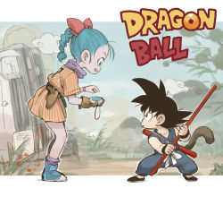 Rule 34 | 1boy, 1girl, black eyes, black hair, blue eyes, blue hair, bow, braid, braided ponytail, bulma, car, child, cloud, commentary request, copyright name, dougi, dragon ball, dragon radar, dress, eye contact, fighting stance, fuse ryuuta, gloves, gun, hair bow, handgun, holster, looking at another, monkey tail, motor vehicle, mountain, open mouth, outdoors, pole, ponytail, shoes, short dress, single braid, single glove, sky, son goku, spiked hair, standing, striped, tail, utility pole, weapon
