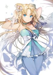 Rule 34 | 1girl, arms up, artist name, blonde hair, blue eyes, choker, derivative work, double bun, feathered wings, flower, hair bun, hair flower, hair ornament, hand in own hair, lace, long hair, looking at viewer, original, ribbon, smile, solo, strapless, sukja, thigh gap, waist cape, white ribbon, white wings, wings, wrist cuffs