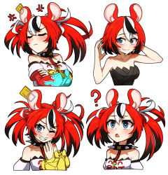 Rule 34 | 1girl, ?, alternate hairstyle, animal ears, blue eyes, collar, crossed arms, ddolbang, detached sleeves, grin, hakos baelz, highres, hololive, hololive english, key, mouse ears, one eye closed, red hair, sharp teeth, short hair, smile, spiked collar, spikes, strapless, teeth, twintails, virtual youtuber, white background