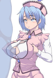 Rule 34 | 1boy, 1girl, bad id, bad pixiv id, blue eyes, blue hair, breast hold, breasts, buggycart, censored, cleavage cutout, closed mouth, clothing cutout, commentary, covered erect nipples, english commentary, frilled hat, frills, hat, heart, heart-shaped pupils, hetero, large breasts, merlin prismriver, mosaic censoring, paizuri, paizuri under clothes, penis, perpendicular paizuri, pink headwear, pink shirt, pink skirt, pink vest, shirt, short hair, simple background, skirt, smile, sweatdrop, symbol-shaped pupils, touhou, vest, white background, white shirt