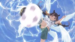 Rule 34 | 1girl, ball, blue sky, blunt bangs, commentary request, electricity, glowing, god knows (hissatsu), hissatsu, hololive, hololive english, inazuma eleven, inazuma eleven (series), kicking, laing, long hair, mole, mole under eye, multiple wings, ninomae ina&#039;nis, purple eyes, purple hair, seraph, shorts, sky, soccer ball, soccer uniform, solo, sportswear, telstar, tentacle hair, virtual youtuber, white wings, wings
