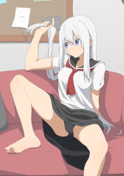 Rule 34 | 1girl, barefoot, black panties, black skirt, blue eyes, breasts, commentary request, copyright request, couch, frown, hair between eyes, long hair, medium breasts, on couch, panties, salpin, shirt, short sleeves, sitting, skirt, solo, spread legs, underwear, white shirt