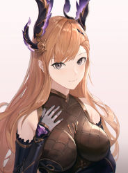 Rule 34 | 1girl, absurdres, alternate costume, bad id, bad pixiv id, blue gloves, bodysuit, breast hold, breasts, closed mouth, elbow gloves, gloves, granblue fantasy, grey eyes, hair ornament, hand on own chest, highres, huge filesize, long hair, looking at viewer, medium breasts, orange hair, partially fingerless gloves, shichi (ratorin53), smile, solo, tweyen (granblue fantasy), white background