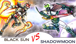 Rule 34 | 2boys, antennae, armor, battle, belt, cape, claws, comic, compound eyes, duel, fang, fighting, fire, gauntlets, glowing, glowing eyes, green eyes, helmet, holding, holding sword, holding weapon, kamen rider, kamen rider black, kamen rider black (series), male focus, monster, moon, multiple boys, no humans, open mouth, peaceguy, red eyes, rider belt, round teeth, satan saber, shadow moon, sharp teeth, space, sun, sword, teeth, traditional media, visor, weapon