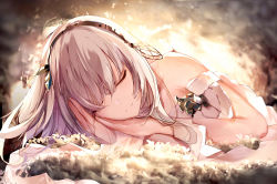Rule 34 | 1girl, absurdres, anastasia (fate), arms up, bad id, bad pixiv id, bare shoulders, blush, brown hairband, closed eyes, closed mouth, commentary request, eien no juu nana-sai, facing viewer, fate/grand order, fate (series), hair between eyes, hairband, highres, long hair, lying, on side, silver hair, smile, solo