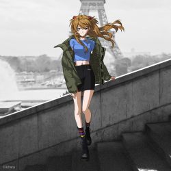 Rule 34 | 1girl, absurdres, arm support, bare legs, blue eyes, breasts, brown hair, casual, copyright name, eiffel tower, floating hair, full body, hair ornament, highres, interface headset, long hair, looking at viewer, medium breasts, neon genesis evangelion, official art, open mouth, promotional art, sidelocks, simple background, skirt, sky, smile, solo, souryuu asuka langley, twintails, two side up, very long hair