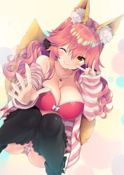 Rule 34 | 1girl, animal ear fluff, animal ears, black thighhighs, blush, bra, breasts, cleavage, closed mouth, collarbone, fate/extra, fate/extra ccc, fate (series), fox ears, fox girl, fox tail, hair between eyes, jacket, jewelry, large breasts, long hair, long sleeves, looking at viewer, low twintails, necklace, official alternate costume, one eye closed, open clothes, open jacket, panties, pink bra, pink hair, pink jacket, pink panties, sasorigatame, sidelocks, smile, solo, striped clothes, striped panties, tail, tamamo (fate), tamamo no mae (fate/extra), tamamo no mae (spring casual) (fate), thighhighs, twintails, underwear, yellow eyes