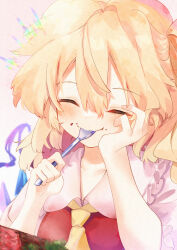 Rule 34 | 1girl, ^ ^, absurdres, ascot, blurry, blush, calpis118, close-up, closed eyes, closed mouth, collar, commentary request, crystal, depth of field, eating, flandre scarlet, food, food on face, frilled collar, frills, hair between eyes, hand on own cheek, hand on own face, hand up, happy, highres, holding, holding spoon, long hair, no headwear, red vest, sailor collar, shirt, short sleeves, side ponytail, simple background, smile, solo, spoon, touhou, upper body, utensil in mouth, very long hair, vest, wavy mouth, white background, white sailor collar, white shirt, yellow ascot