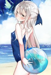 Rule 34 | 1girl, absurdres, ass, ball, beach, beachball, blue one-piece swimsuit, blush, breasts, cloud, covered erect nipples, covering privates, covering ass, embarrassed, from behind, grey eyes, grey hair, half updo, hamaken. (novelize), highres, long hair, looking at viewer, looking back, ocean, one-piece swimsuit, original, outdoors, ribbon, school swimsuit, sky, small breasts, solo, split mouth, swimsuit, thighs