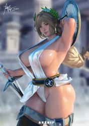 Rule 34 | 1girl, absurdres, arm up, armpits, artnip, ass, blonde hair, breasts, earrings, covered erect nipples, gold earrings, highres, hoop earrings, jewelry, large breasts, revealing clothes, shield, solo, sophitia alexandra, soul calibur, sword, thighhighs, weapon, wide hips
