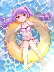 Rule 34 | 1girl, androgynous, bare legs, bikini, breasts, cleavage, collarbone, feet, frilled bikini, frills, from above, hair ornament, highres, innertube, long hair, partially submerged, pikomarie, purple hair, puzzle &amp; dragons, red eyes, small breasts, solo, swim ring, swimsuit, twintails, water, yomi (p&amp;d)