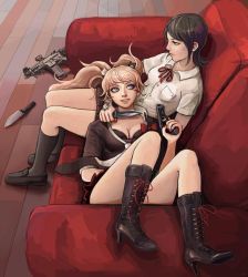 Rule 34 | assault rifle, bear hair ornament, black hair, blade to throat, blonde hair, boots, calf boots, calf socks, combat knife, commission, commissioner upload, couch, cuddling, danganronpa: trigger happy havoc, danganronpa (series), enoshima junko, fn scar, glock, gun, hair ornament, handgun, highres, ikusaba mukuro, incest, kitchen knife, knife, lap pillow, leather, leather boots, looking at another, looking down, looking to the side, looking up, lying, on person, pistol, rifle, siblings, sitting, sitting on person, skirt, slip-on shoes, smile, smirk, thighs, tiddymason, twincest, twins, weapon, yuri