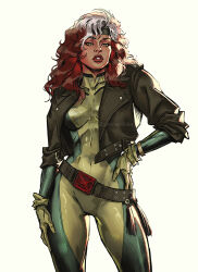 Rule 34 | 1girl, aleksandra skiba, belt, bodysuit, breasts, brown hair, dyed bangs, gloves, green bodysuit, green eyes, green headband, headband, highres, jacket, large breasts, leather, leather jacket, lipstick, long hair, looking at viewer, loose belt, makeup, marvel, multicolored clothes, multicolored hair, rogue (x-men), solo, superhero costume, two-tone hair, white background, white hair, x-men, yellow bodysuit, yellow gloves