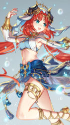 Rule 34 | 1girl, :d, anbe yoshirou, breasts, circlet, crop top, detached sleeves, genshin impact, gold footwear, gold trim, grey background, harem outfit, highres, jewelry, long sleeves, looking at viewer, medium breasts, neck ring, nilou (genshin impact), open mouth, parted bangs, puffy long sleeves, puffy sleeves, red hair, simple background, skirt, smile, solo, thighlet, thighs, veil, white headwear