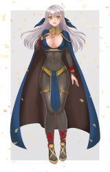 Rule 34 | 1girl, :d, absurdres, alternate costume, blue cape, bodystocking, border, bracelet, breasts, bridal gauntlets, cape, cleavage, cosplay, covered navel, falling leaves, fire emblem, fire emblem: radiant dawn, fire emblem awakening, grey hair, hair ribbon, half updo, hazuki (nyorosuke), highres, jewelry, large breasts, leaf, long hair, looking at viewer, micaiah (fire emblem), nintendo, open mouth, pelvic curtain, ribbon, simple background, skin tight, smile, solo, tharja (fire emblem), tharja (fire emblem) (cosplay), two-tone cape, white border, yellow eyes