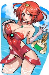 Rule 34 | 1boy, 1girl, adapted costume, alternate costume, breasts, chest jewel, dakusuta, headpiece, highres, large breasts, nopon, ocean, pyra (xenoblade), red eyes, red hair, short hair, swept bangs, swimsuit, tiara, tora (xenoblade 2), water, xenoblade chronicles (series), xenoblade chronicles 2