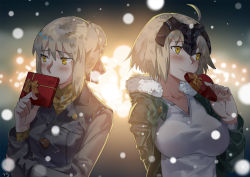 Rule 34 | 2girls, 3:, ahoge, arm behind back, artist name, artoria pendragon (all), artoria pendragon (fate), blonde hair, blush, box, braid, breasts, closed mouth, club3, coat, covered mouth, embarrassed, fate/grand order, fate/stay night, fate (series), french braid, fur coat, fur trim, gift, hair bun, hand up, headpiece, heart-shaped box, holding, holding gift, jeanne d&#039;arc (fate), jeanne d&#039;arc (ruler) (fate), jeanne d&#039;arc alter (avenger) (fate), jeanne d&#039;arc alter (fate), large breasts, looking to the side, medium breasts, multiple girls, ribbed sweater, saber (fate), saber alter, shirt, short hair, sidelocks, signature, single hair bun, snow, sweater, turtleneck, turtleneck sweater, upper body, v-neck, valentine, white shirt, yellow eyes