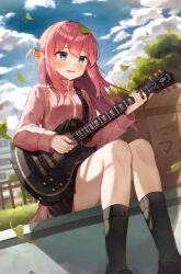 Rule 34 | 1girl, absurdres, black skirt, black socks, blue eyes, blush, bocchi the rock!, cloud, cloudy sky, cube hair ornament, day, electric guitar, gotoh hitori, guitar, hair between eyes, hair ornament, haneiro, highres, holding, holding instrument, instrument, jacket, leaf, long hair, long sleeves, music, one side up, open mouth, outdoors, pink hair, pink jacket, playing instrument, pleated skirt, plectrum, sitting, skirt, sky, socks, solo, tears, track jacket, tree