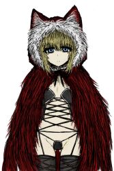 Rule 34 | 1girl, animal hood, black panties, black souls, black thighhighs, blonde hair, blue eyes, breasts, cape, cloak, closed mouth, cowboy shot, cross-laced clothes, expressionless, flat chest, fur-trimmed cape, fur-trimmed hood, fur trim, garter belt, garter straps, gluteal fold, groin, hair between eyes, hood, hood up, hooded cape, hooded cloak, hoodie, lingerie, looking at viewer, lowleg, navel, official art, panties, red cape, red cloak, red dead hood, red hood, red hood (black souls), revealing clothes, ribbon, short hair, simple background, sketch, small breasts, solo, standing, string panties, sushi yuusha toro, thighhighs, underwear, white background