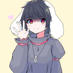 Rule 34 | 1girl, absurdres, alternate color, animal ears, black hair, black shirt, blush, carrot necklace, check commentary, commentary request, floppy ears, heart, highres, inaba tewi, jewelry, long sleeves, looking to the side, medium hair, naoreponkotsu, necklace, rabbit ears, rabbit girl, red eyes, shirt, smile, solo, touhou, upper body, waving, yellow background