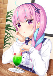 Rule 34 | 1girl, 7fuji 06, absurdres, ahoge, anchor hair ornament, blue hair, blush, braid, chair, cherry, choker, cup, drinking glass, drinking straw, elbow rest, food, frilled sailor collar, frills, fruit, hair ornament, hairband, hand on own cheek, hand on own face, head rest, highres, holding, holding drinking straw, hololive, ice cream, ice cream float, indoors, long hair, long sleeves, looking at viewer, minato aqua, minato aqua (sailor), multicolored hair, neck ribbon, open mouth, pink hair, plant, plate, purple eyes, restaurant, ribbon, ribbon choker, sailor collar, sitting, soda, solo, spoon, twin braids, two-tone hair, upper body, virtual youtuber