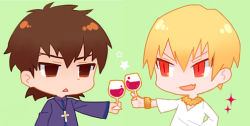 Rule 34 | 2boys, alcohol, bad id, bad pixiv id, blonde hair, bracelet, brown eyes, brown hair, chibi, cross, cup, drinking glass, empty eyes, fang, fate/zero, fate (series), gilgamesh (fate), jewelry, jitome, kotomine kirei, lowres, male focus, multiple boys, necklace, official alternate costume, red eyes, sparkle, wine, wine glass, yuuto (sky cloister)