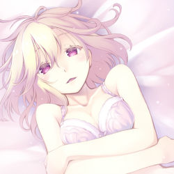 Rule 34 | 1girl, bare arms, bed sheet, blonde hair, bra, breast hold, breasts, collarbone, colored eyelashes, crossed arms, light particles, long hair, looking at viewer, lying, maribel hearn, medium breasts, midorino eni, on back, on bed, open mouth, parted lips, purple bra, purple eyes, self hug, slit pupils, solo, touhou, underwear, underwear only, upper body