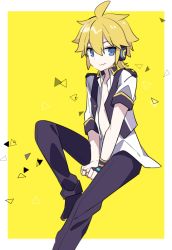 Rule 34 | 1boy, between legs, blonde hair, blue moon (module), commentary, fingerless gloves, gloves, hand between legs, headphones, kagamine len, male focus, open clothes, open shirt, project diva (series), shirt, single glove, sitting, smile, solo, spiked hair, vocaloid, white shirt, yellow background, yoshiki