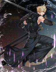 Rule 34 | 1boy, arm guards, armor, blonde hair, cloud strife, cloud strife (murasame), elbow gloves, final fantasy, final fantasy vii, final fantasy vii ever crisis, gloves, hakama, hakama pants, halutica, highres, japanese clothes, katana, looking at viewer, male focus, official alternate costume, pants, shoulder armor, single shoulder pad, smile, solo, spiked hair, square enix, sword, weapon