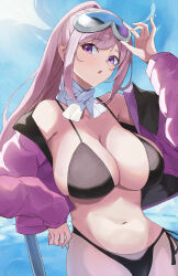 Rule 34 | 1girl, absurdres, bikini, black bikini, blue archive, blush, breasts, cleavage, cowboy shot, eimi (blue archive), eimi (swimsuit) (blue archive), goggles, goggles on head, higashiwun izumi, highres, jacket, large breasts, long hair, long sleeves, navel, official alternate costume, open clothes, open jacket, open mouth, pink eyes, pink hair, pink jacket, ponytail, scarf, side-tie bikini bottom, solo, swimsuit, white scarf