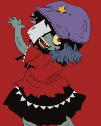 Rule 34 | 1girl, blue hair, colored skin, dress, female focus, from behind, grey skin, hat, jiangshi, looking at viewer, looking back, miyako yoshika, ofuda, onikobe rin, open mouth, outstretched arms, red background, red eyes, red theme, rotting, sharp teeth, simple background, skirt, solo, star (symbol), teeth, touhou, zombie pose